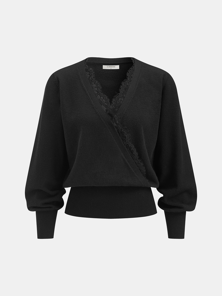 Lace-Trimmed Wrap V-Neck Knit Top