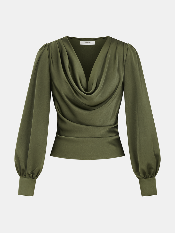 Satin Cowl-Neck Long Sleeve Blouse