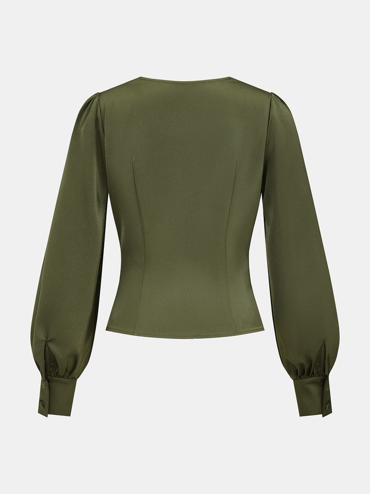 Satin Cowl-Neck Long Sleeve Blouse