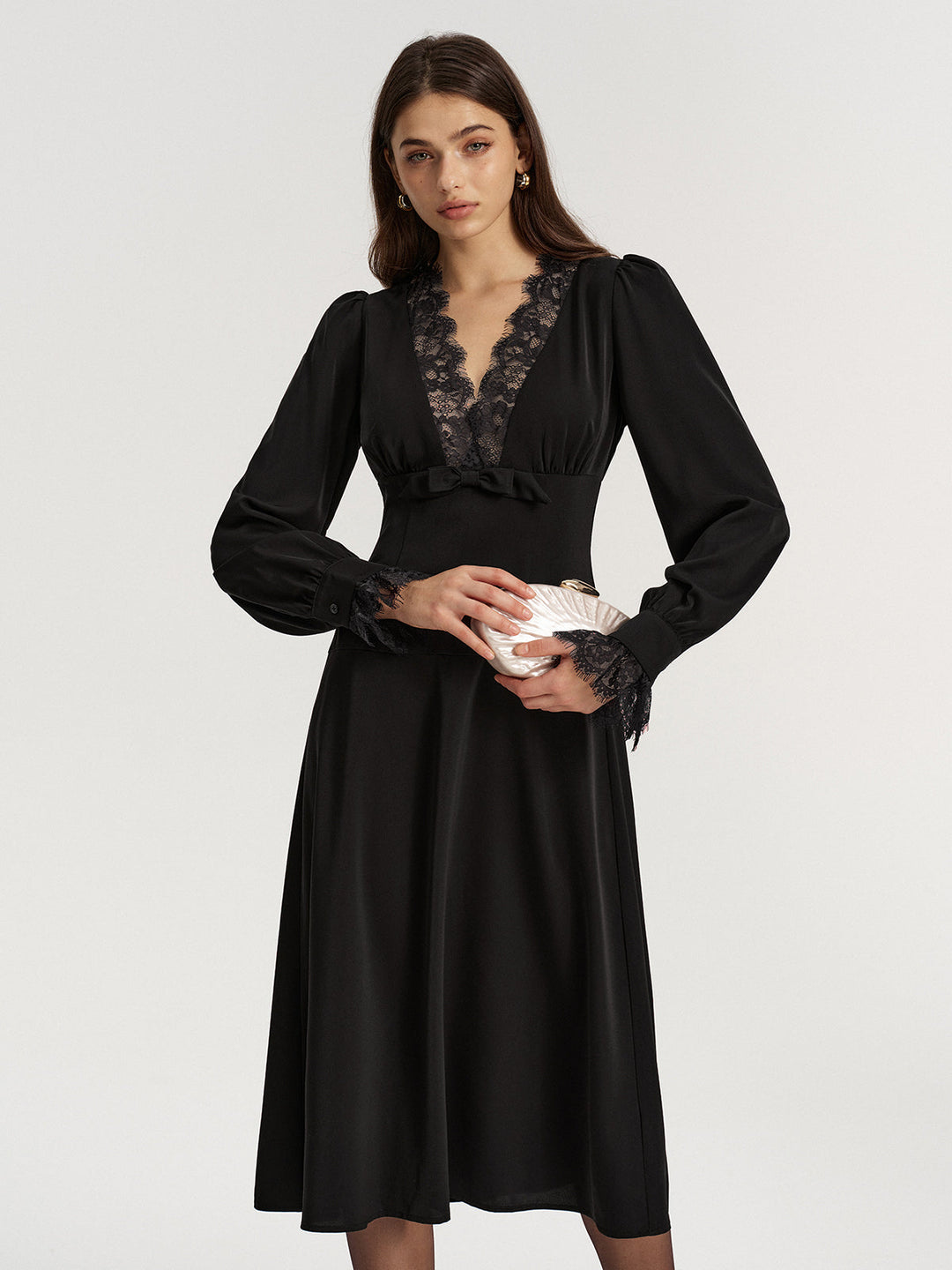 Lace V-Neck Bow Detail Satin Midi Dress