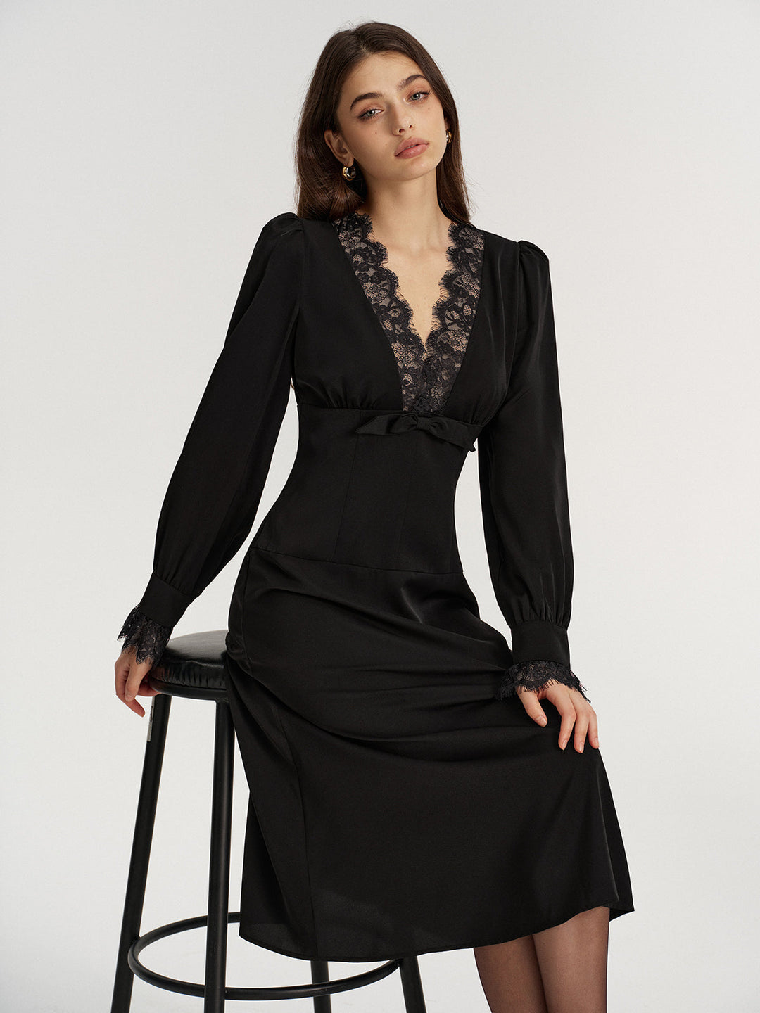 Lace V-Neck Bow Detail Satin Midi Dress