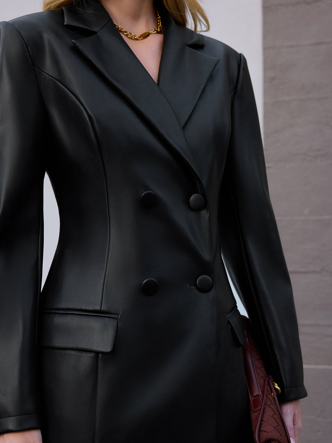 Double-Breasted Faux Leather Blazer