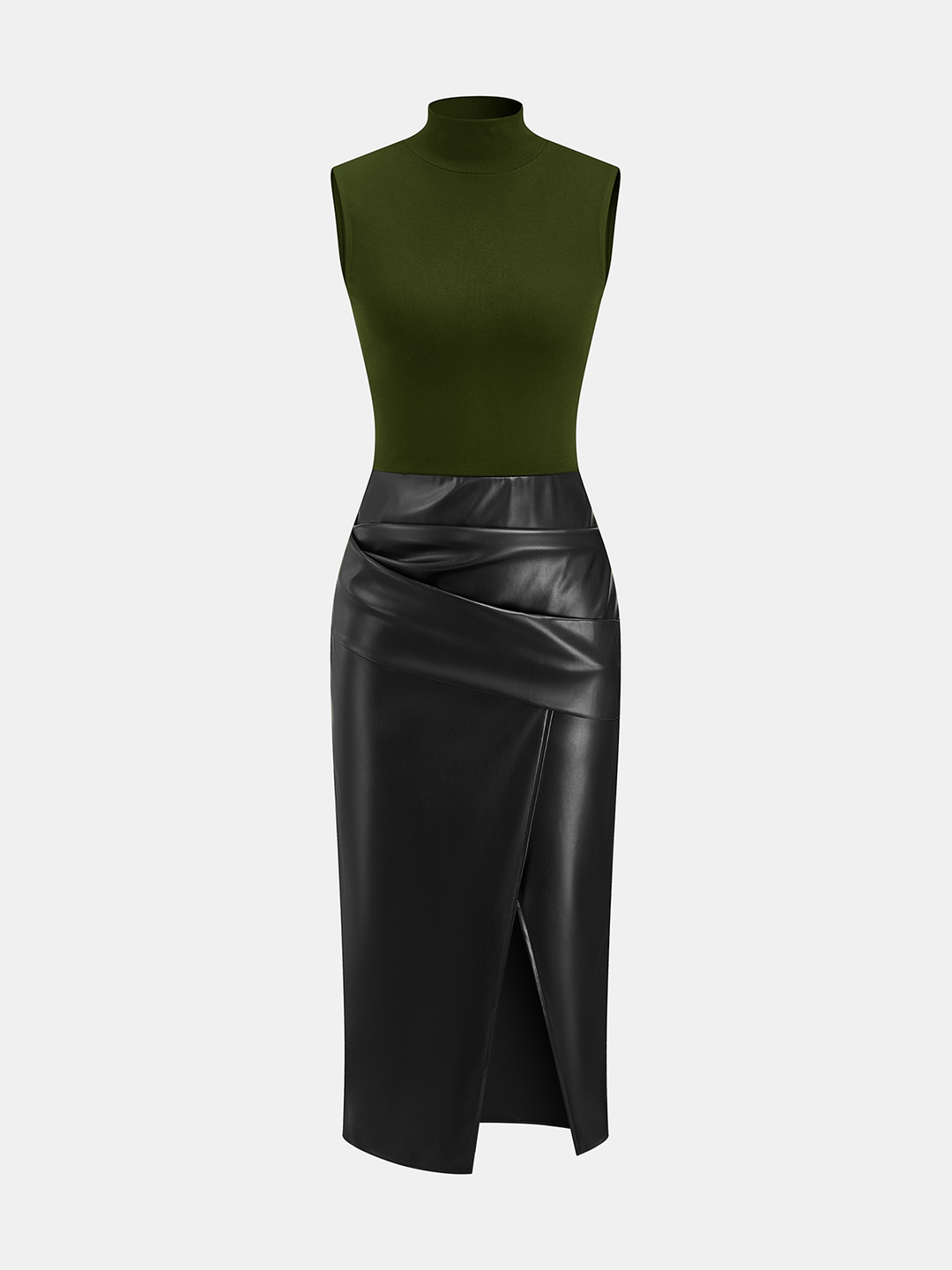 Faux Leather Panel Mock Neck Sleeveless Dress