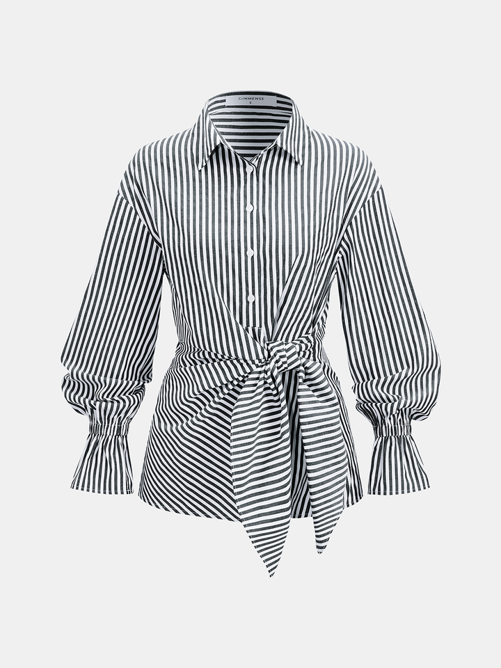 Knot-Waist Striped Cotton-Blend Shirt