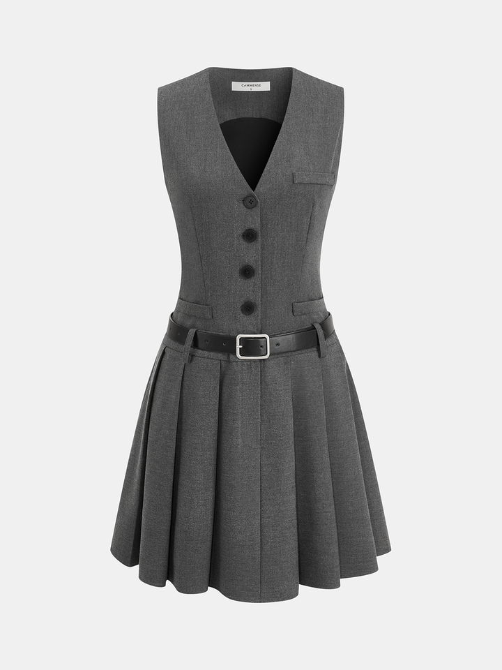 Belted Sleeveless Pleated Blazer Dress