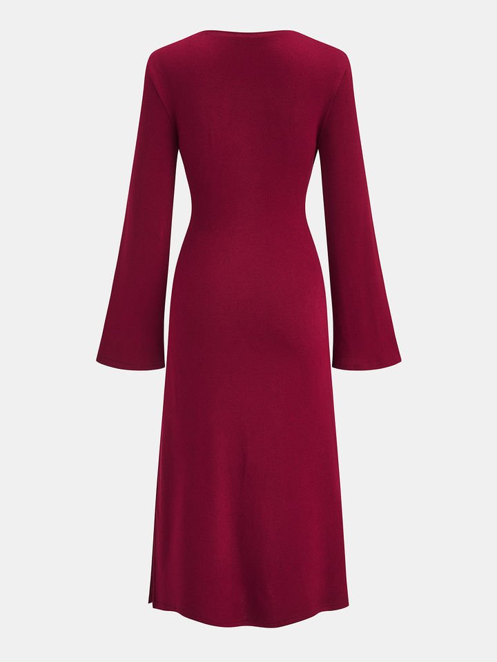 Knot-Waist Bell Sleeve Wrap Midi Dress