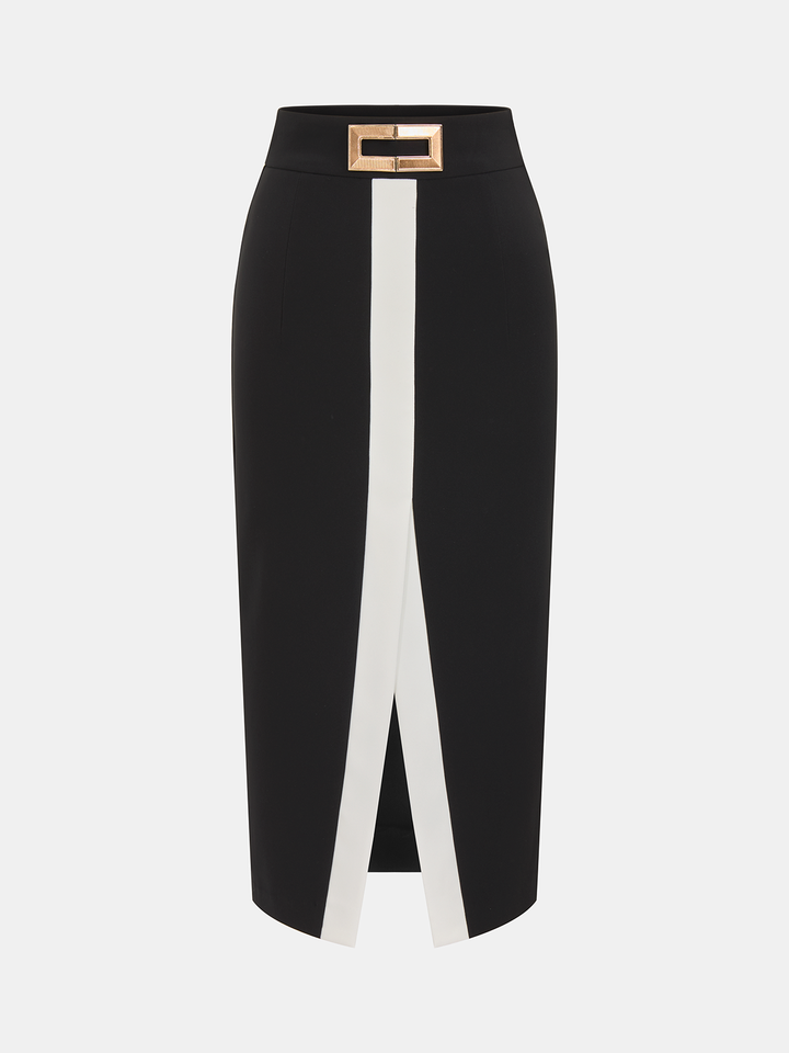 Color Block Metal Detail Midi Skirt