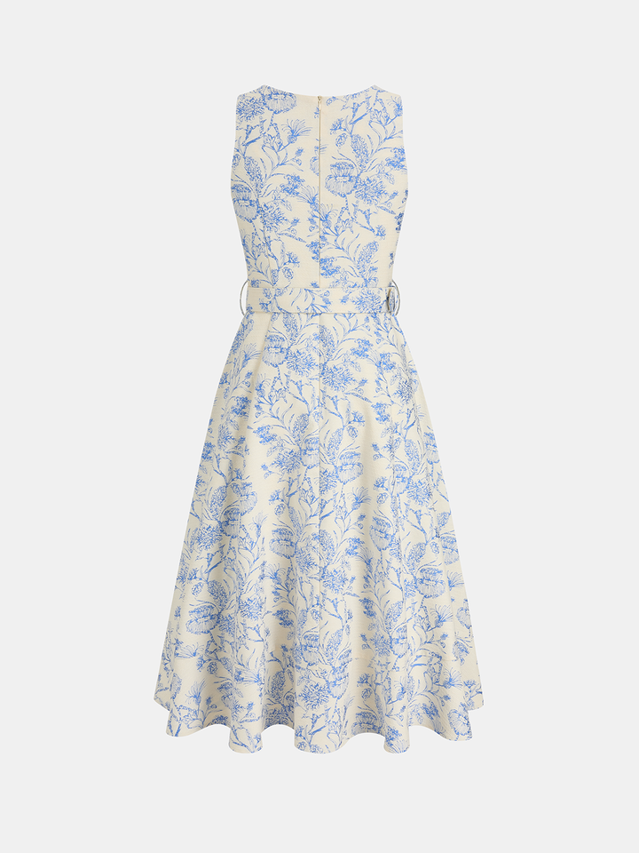 Sleeveless Floral Belted Asymmetrical Dress