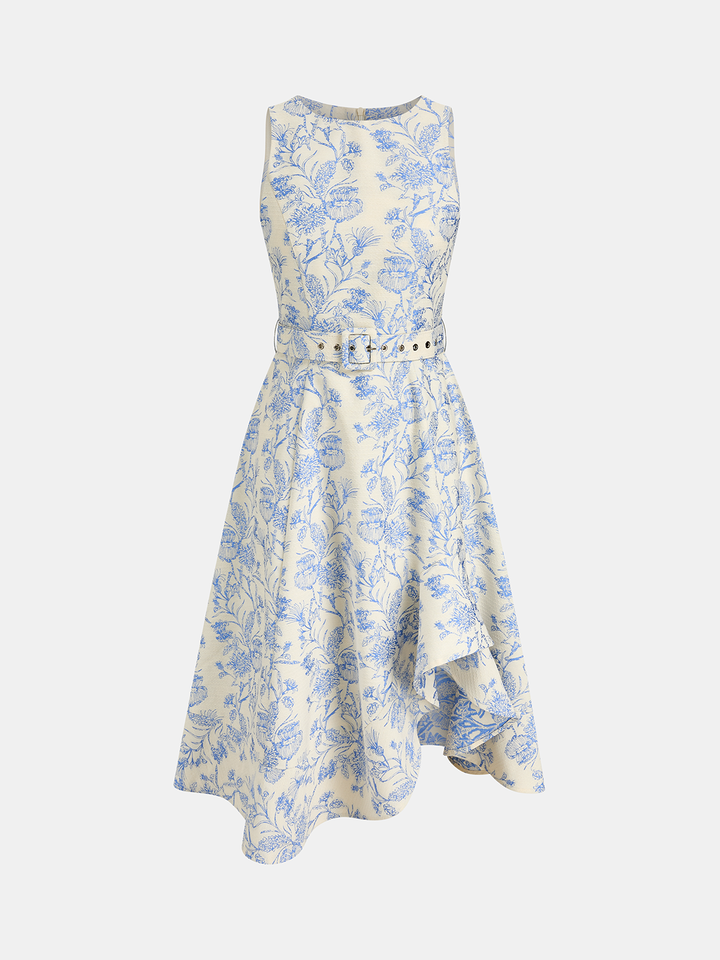 Sleeveless Floral Belted Asymmetrical Dress