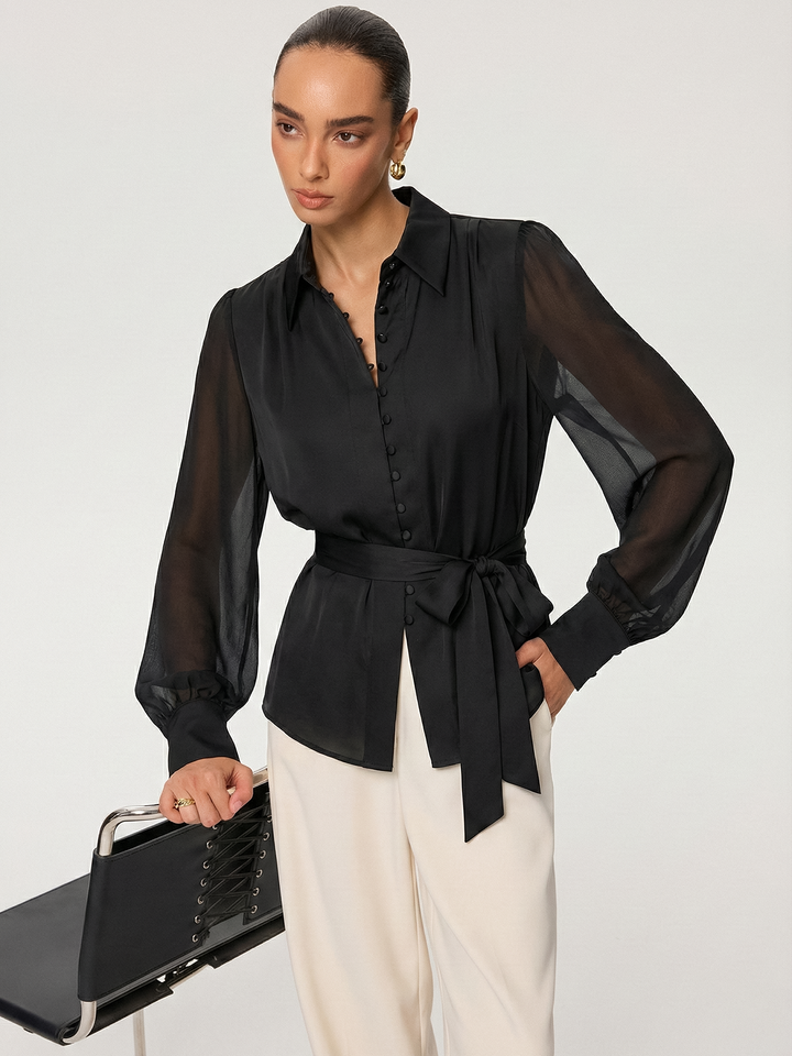 Sheer Long Sleeve Tie-Waist Satin Shirt