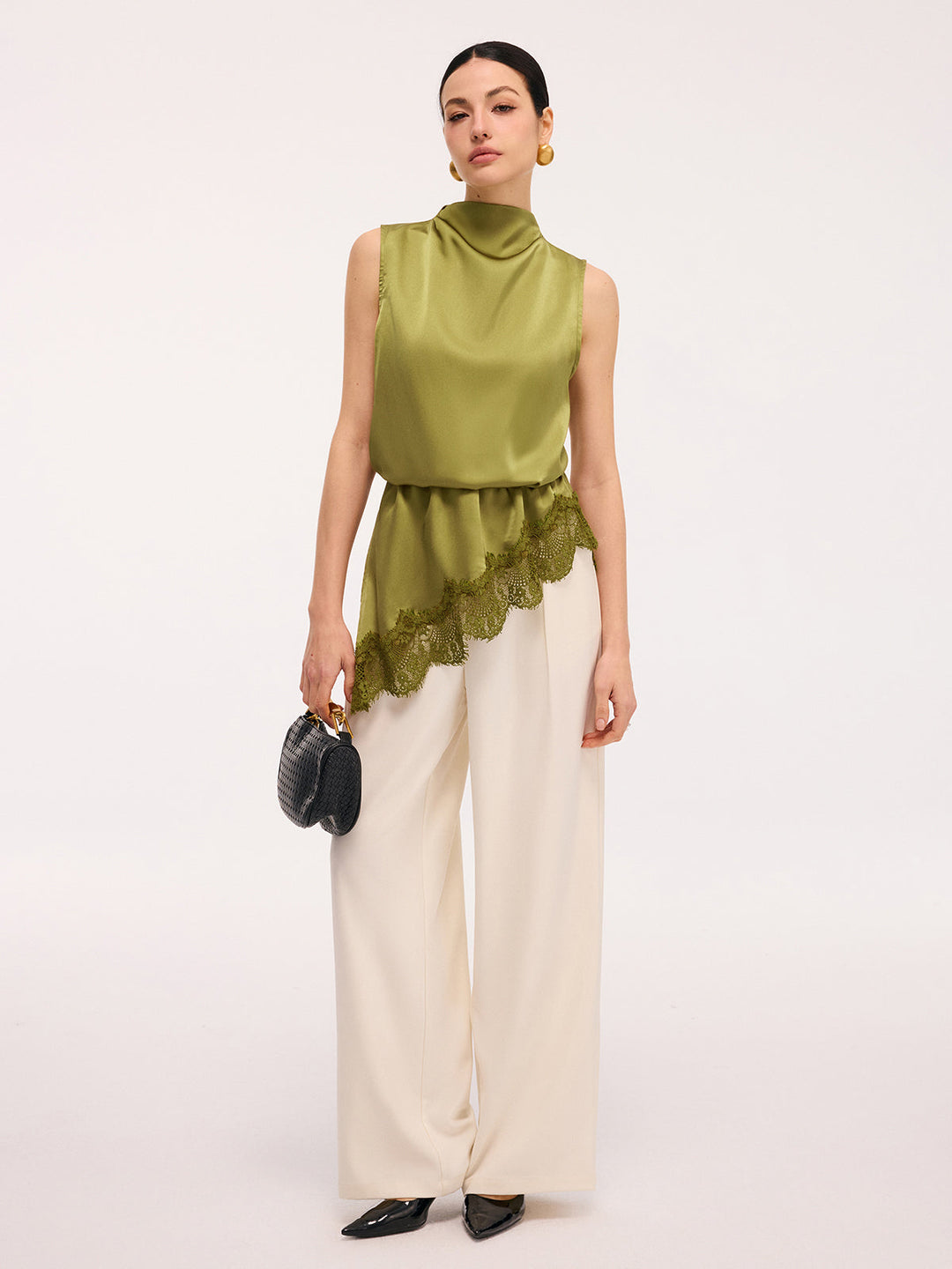 Lace Trim Satin Sleeveless Blouse