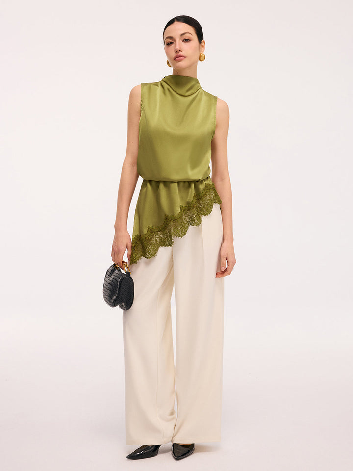 Lace Trim Satin Sleeveless Blouse