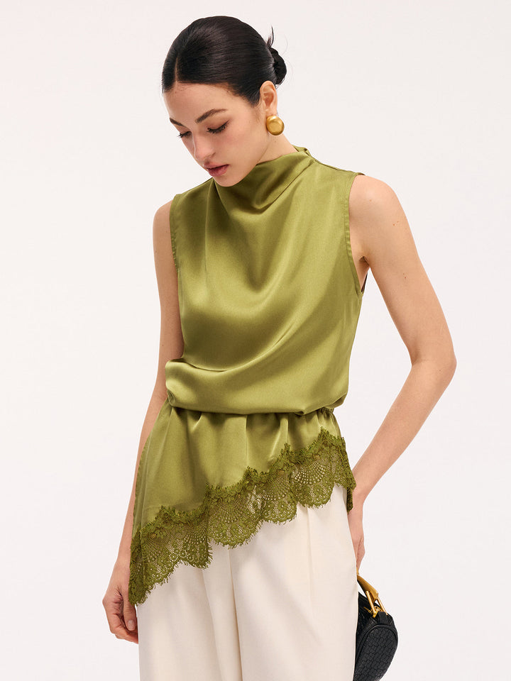 Lace Trim Satin Sleeveless Blouse